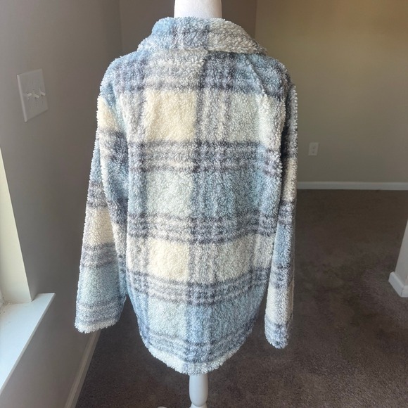 Hollister Women's Plaid Button Front Teddy Fleece Jacket Shacket M Blue Sherpa - Picture 5 of 12